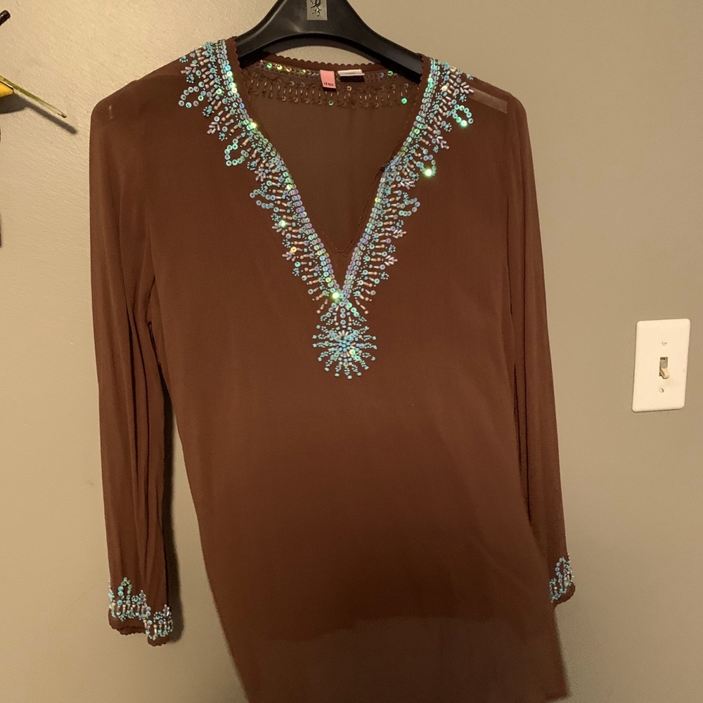 Brown Silk Chiffon Beaded Top